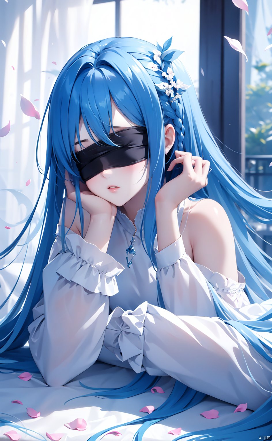 1girl, solo, long hair, long sleeves, dress, bare shoulders, very long hair, blue hair, lying, parted lips, indoors, white dress, parted bangs, petals, floating hair, on stomach, curtains, head rest, blindfold,light blue hair,(depth of field)
