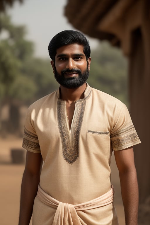 Oval-shaped, medium skin tone, short black hair, well-groomed beard, expressive brown eyes, confident smile. chappal in foot, Athletic build, standing straight, average height. Full-body portrait of the same Indian man wearing a traditional Uttar Pradesh dhoti and kurta