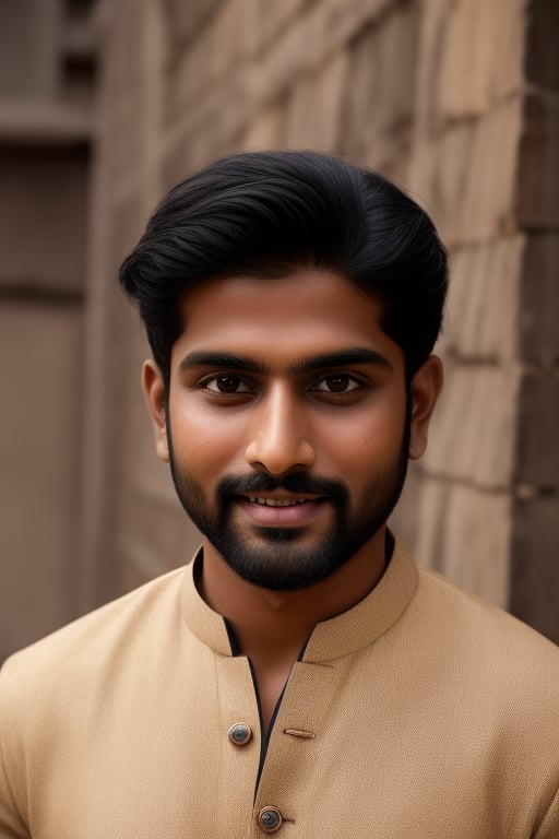 Oval-shaped, medium skin tone, short black hair, well-groomed beard, expressive brown eyes, confident smile. chappal in foot, Athletic build, standing straight, average height. Full-body portrait of the same Indian man wearing a traditional Uttar Pradesh dhoti and kurta,Beautiful eyes,photorealistic