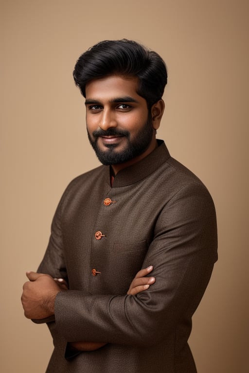 Oval-shaped, medium skin tone, short black hair, well-groomed beard, expressive brown eyes, confident smile. chappal in foot, Athletic build, standing straight, average height. Full-body portrait of the same Indian man wearing a traditional Uttar Pradesh dhoti and kurta