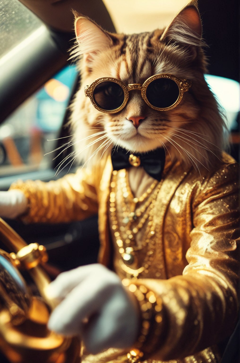 long hair cat man, A closeup of fantastical image of a cat man wear glasses and wears a gold-plate dress, black glasses, clad in flowing, flowing full gold-plate dress, wielding an jewellery ornate, ornate jewellery, Their face are filled with power and determination, as they wield the jewellery n a fluid, drives a gold-plate luxury car, hand holding the car steering wheel, gold car interior, gold car, side view, looking at viewer, dynamic motion,