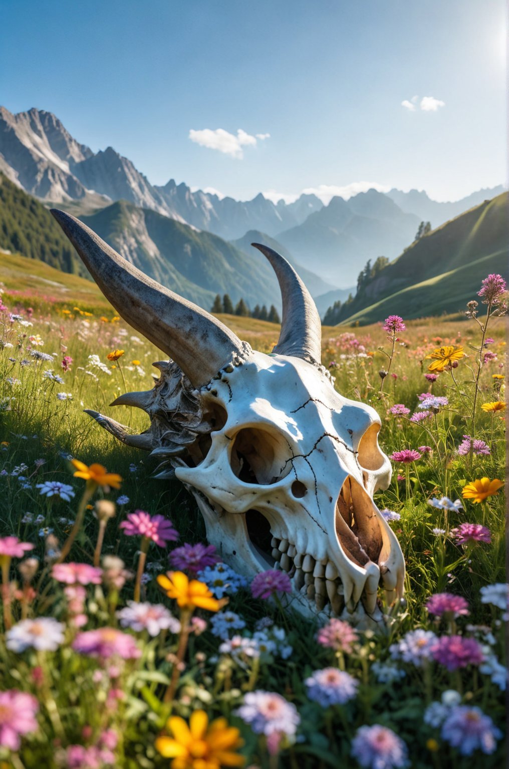 In a serene sunlit meadow filled with vibrant wildflowers, a massive dragon skull lies partially buried, the skull's formidable horns stretch upward, adorned with climbing vines and blooming flowers, The intricate details of the skullâs structure with large hollow eye sockets and sharp teeth, The soft hills and distant mountains under a clear blue sky provide a peaceful backdrop

