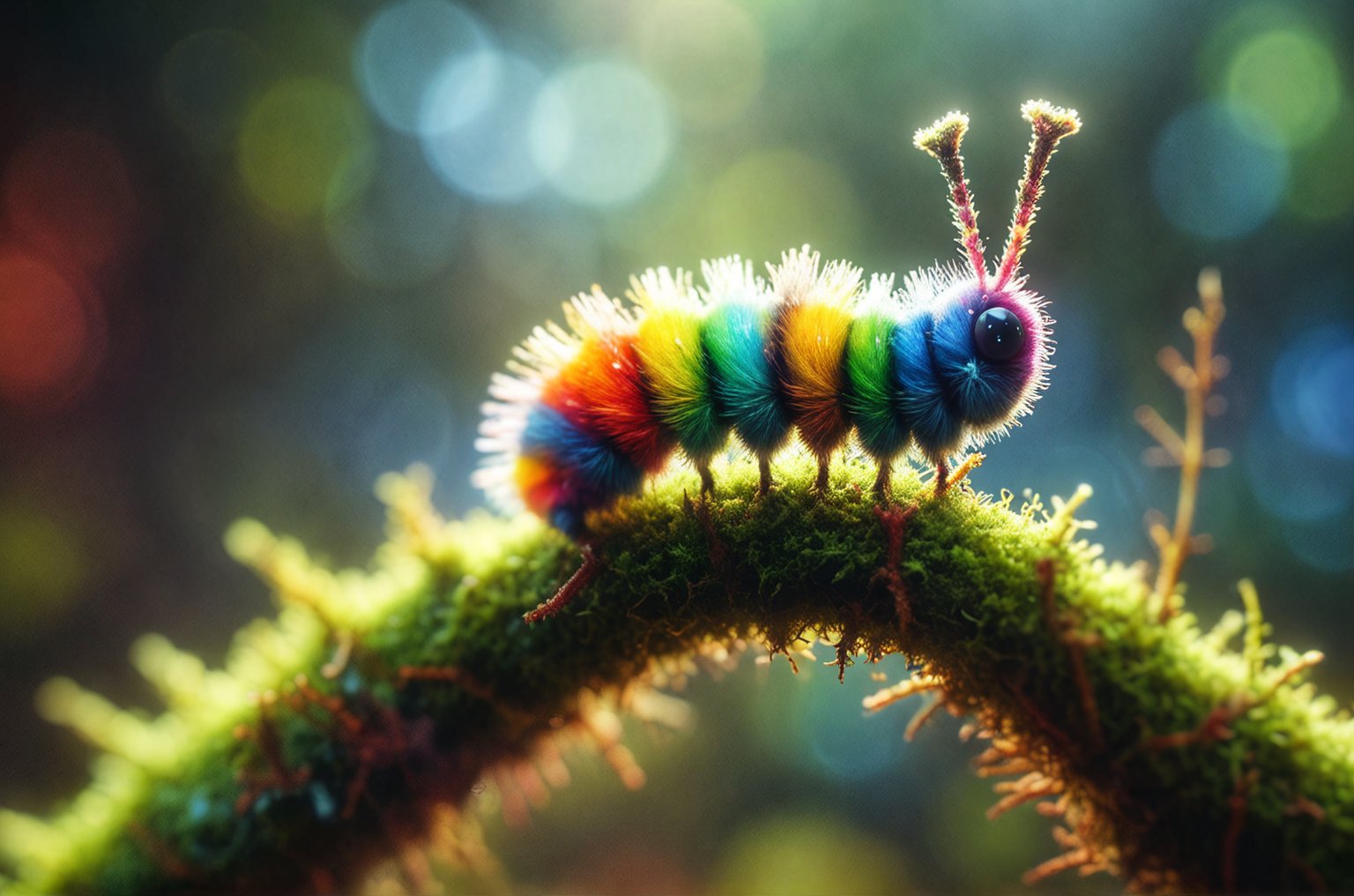  A photo of a rainbow colored caterpillar on a moss covered branch, backlit, translucent, glow hyper realistic, natural soft rim light, cinematic lighting, concept art by arti stincent