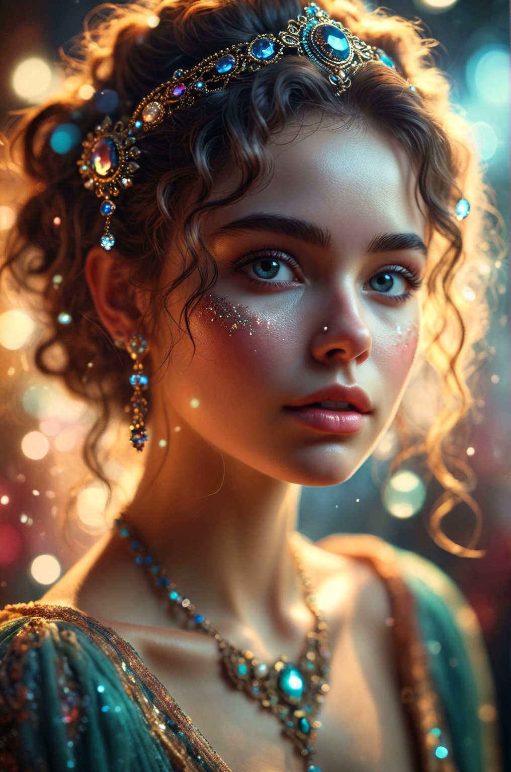 (masterpiece, best quality, 4K, 8K, high-resolution, ultra-detailed, photorealistic), a young woman with an enchanting and mystical appearance, intricate jewelry on her forehead and face, luminous eyes, delicate features, expressive look, wearing a highly detailed and ornate top with gemstones and intricate patterns, curly hair, side profile, soft and ethereal lighting, sparkling and glowing particles surrounding her, glowing orb floating near her head, bokeh effect, depth of field, atmospheric and magical ambiance, highly detailed, cinematic, dramatic lighting, sharp contrast, soft shadows, vibrant colors, textured background, whimsical and surreal, enchanting, dreamy, fantasy art


