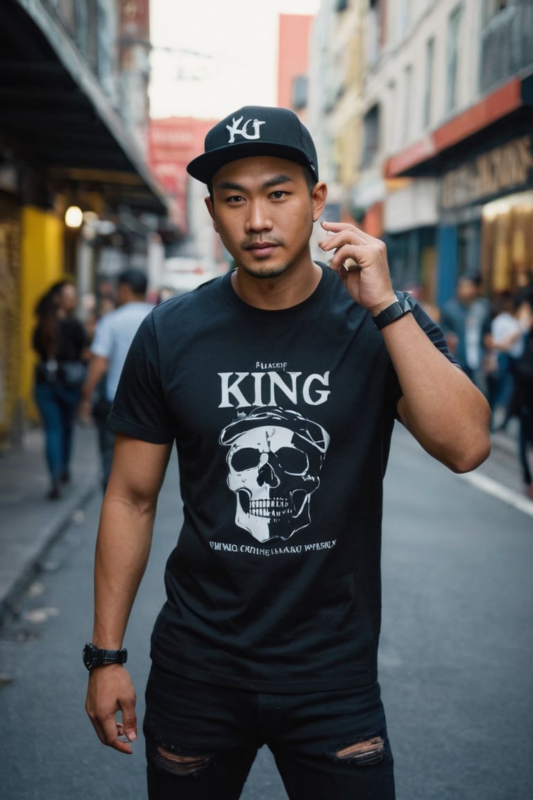 A cinematic portrait of an Indonesian male musician in his late 38s, balding 0,02mm hairstyle, with black eyes. He wears an ordinary black snapback hat with "KING" in gothic font on it and a watch on his wrist, dressed in a casual black T-shirt paired with black jeans and black boots. Amidst the vibrant, bustling streets, where intricate details reveal poetry-filled background elements. The subject exudes relaxed naturalism, eyes blinking softly, breathing subtly, as he moves organically in front of varied bustling street scenes.

Framed in a normal shot with cinematic flair, the camera rotates at an angle while keeping him centered. Capture this scene in ultra-realistic HD, highlighting detailed photorealistic elements, photorealistic settings, and cinematic lighting with film grain and depth of field. Show his calm, loving attitude and expression, with vivid super realism.

Photography shot with a Canon EOS 5D Mark IV, 50mm lens in vivid realistic sync hyper-realistic, this cinematic masterpiece features Unreal Engine 5, 8K ultra detail and realism, Ultra-HDR, photorealistic settings, and cinematic lighting with film grain and depth of field. --ar 16:9 --v 6.

Indonesian handsome male, full of dramatic calm love attitude and expression, expert in acting, posing, body language, hand-finger language, gestures, expression, pointing, holding anything, and more. Wearing: an ordinary black snapback hat with "KING" in gothic font on it and a watch on his wrist, dressed in a casual black T-shirt paired with black jeans and black boots. Background: varied - amidst the vibrant, bustling streets, where intricate details reveal poetry-filled background elements. All detailed intricately, including the poetry contents.

Character Pose and Action: Human lifelike, breath, blinking eyes, move, acting, posing, real-life-consistent character, real character, real pose, real acting, real life-consistent character. Expert actor, not difficult for varied dynamic poses with the best point of view from various angles.

Camera shot technically: Cinematic normal shot, the movie camera, the camera rotates at a certain angle while keeping the subject centered, creatively to enhance storytelling and visual appeal in cinematography. Visual and Technical Details: Captured in ultra-realistic HD, highlighting detailed, photorealistic elements, photorealistic settings, focused on the best photorealistic. DSLR, analog, epic realism, realism, realismV2, realistic realism, cinematic shot, action shot. Gloom expression, streaked hair, cinematic lighting, film grain, depth of field, real-time and cinematic aesthetic, enchanting figure-realistic photo. Lighting realistic hyperrealism photography, vivid realistic sync, hyper-realistic, cinematic, detailed, hypermaximalist, octane render, Unreal Engine 5. 8K, ultra detail, ultra realism, cinematic-aesthetic, exotic, exotic themes, photorealistic, perfect details, perfect symmetry, hyper realistic, 4K, 3D. High-realistic HD, ultra HD 8K, resolution hyper quality, ultra-high clarity ultra HD, HDR, 16K resolution, high detail ultra HD, picture ultra-high definition, high resolution high definition, ultra-high resolution super clarity.

Additional Attributes: Better photography, real photo/portrait, more detail XL, male, model, concept character, realistic, more detail XL, male, model, concept character, SDXL 1.0, realistic.

intricately:
[Verse]
Wandering the streets tonight
City lights are burning bright
Hat with KING all bold and true
Jeans and boots I'm coming through

[Verse 2]
Concrete jungle stories told
Heartbeats echo through the cold
Black eyes watch the world go 'round
In this starlit city sound

[Chorus]
Walking like the stars above
In the city that I love
Echoes of a thousand dreams
Underneath the neon beams

[Verse 3]
Shadows dancing in the night
Footsteps counted left to right
Hat brim low my gaze is high
Stars beneath the urban sky

[Bridge]
In this town our spirits roam
Every street I call my home
Jeans and boots I'm marching on
Till the night gives way to dawn

[Chorus]
Walking like the stars above
In the city that I love
Echoes of a thousand dreams
Underneath the neon beams,REALISTIC