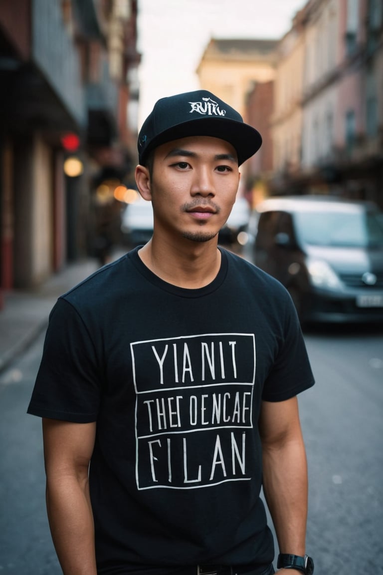 A cinematic portrait of an Indonesian male musician in his late 38s, balding 0,02mm hairstyle, with black eyes. He wears an ordinary black snapback hat with "KING" in gothic font on it and a watch on his wrist, dressed in a casual black T-shirt paired with black jeans and black boots. Amidst the vibrant, bustling streets, where intricate details reveal poetry-filled background elements. The subject exudes relaxed naturalism, eyes blinking softly, breathing subtly, as he moves organically in front of varied bustling street scenes.

Framed in a normal shot with cinematic flair, the camera rotates at an angle while keeping him centered. Capture this scene in ultra-realistic HD, highlighting detailed photorealistic elements, photorealistic settings, and cinematic lighting with film grain and depth of field. Show his calm, loving attitude and expression, with vivid super realism.

Photography shot with a Canon EOS 5D Mark IV, 50mm lens in vivid realistic sync hyper-realistic, this cinematic masterpiece features Unreal Engine 5, 8K ultra detail and realism, Ultra-HDR, photorealistic settings, and cinematic lighting with film grain and depth of field. --ar 16:9 --v 6.

Indonesian handsome male, full of dramatic calm love attitude and expression, expert in acting, posing, body language, hand-finger language, gestures, expression, pointing, holding anything, and more. Wearing: an ordinary black snapback hat with "KING" in gothic font on it and a watch on his wrist, dressed in a casual black T-shirt paired with black jeans and black boots. Background: varied - amidst the vibrant, bustling streets, where intricate details reveal poetry-filled background elements. All detailed intricately, including the poetry contents.

Character Pose and Action: Human lifelike, breath, blinking eyes, move, acting, posing, real-life-consistent character, real character, real pose, real acting, real life-consistent character. Expert actor, not difficult for varied dynamic poses with the best point of view from various angles.

Camera shot technically: Cinematic normal shot, the movie camera, the camera rotates at a certain angle while keeping the subject centered, creatively to enhance storytelling and visual appeal in cinematography. Visual and Technical Details: Captured in ultra-realistic HD, highlighting detailed, photorealistic elements, photorealistic settings, focused on the best photorealistic. DSLR, analog, epic realism, realism, realismV2, realistic realism, cinematic shot, action shot. Gloom expression, streaked hair, cinematic lighting, film grain, depth of field, real-time and cinematic aesthetic, enchanting figure-realistic photo. Lighting realistic hyperrealism photography, vivid realistic sync, hyper-realistic, cinematic, detailed, hypermaximalist, octane render, Unreal Engine 5. 8K, ultra detail, ultra realism, cinematic-aesthetic, exotic, exotic themes, photorealistic, perfect details, perfect symmetry, hyper realistic, 4K, 3D. High-realistic HD, ultra HD 8K, resolution hyper quality, ultra-high clarity ultra HD, HDR, 16K resolution, high detail ultra HD, picture ultra-high definition, high resolution high definition, ultra-high resolution super clarity.

Additional Attributes: Better photography, real photo/portrait, more detail XL, male, model, concept character, realistic, more detail XL, male, model, concept character, SDXL 1.0, realistic.

intricately:
[Verse]
Wandering the streets tonight
City lights are burning bright
Hat with KING all bold and true
Jeans and boots I'm coming through

[Verse 2]
Concrete jungle stories told
Heartbeats echo through the cold
Black eyes watch the world go 'round
In this starlit city sound

[Chorus]
Walking like the stars above
In the city that I love
Echoes of a thousand dreams
Underneath the neon beams

[Verse 3]
Shadows dancing in the night
Footsteps counted left to right
Hat brim low my gaze is high
Stars beneath the urban sky

[Bridge]
In this town our spirits roam
Every street I call my home
Jeans and boots I'm marching on
Till the night gives way to dawn

[Chorus]
Walking like the stars above
In the city that I love
Echoes of a thousand dreams
Underneath the neon beams,REALISTIC