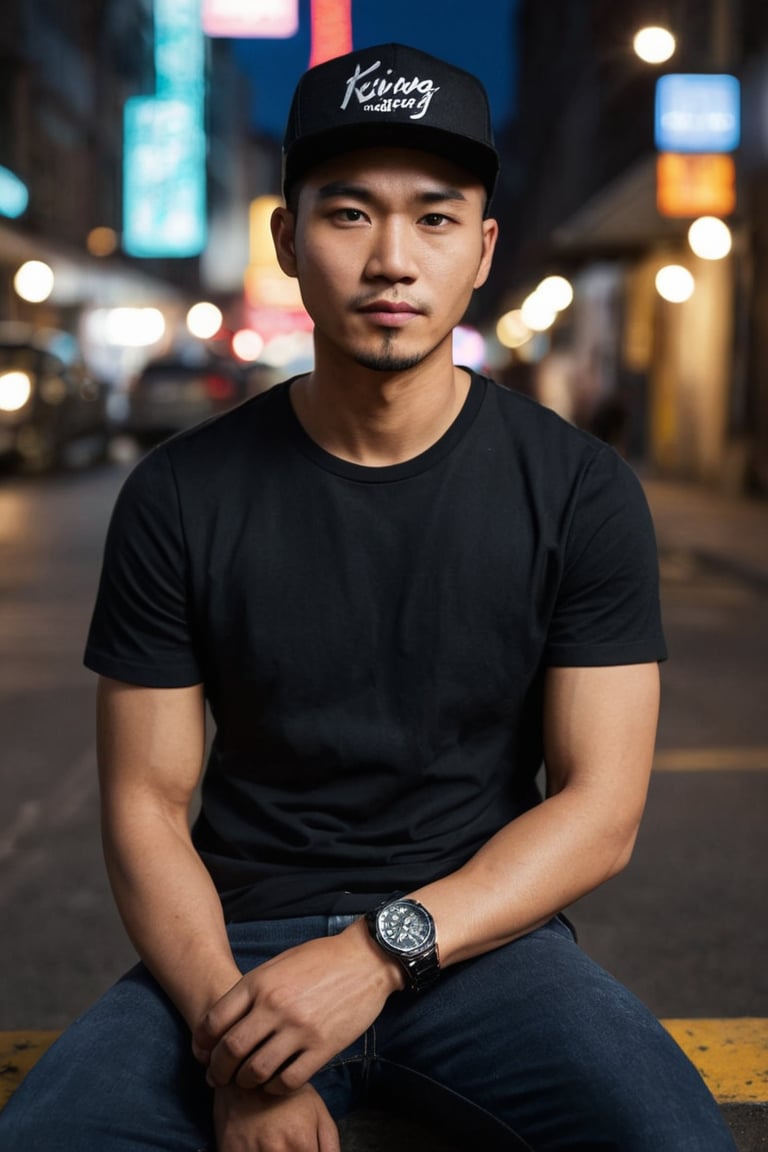 A cinematic portrait of an Indonesian male musician in his late 38s, balding 0,02mm hairstyle, with black eyes. He wears an ordinary black snapback hat with "KING" in gothic font on it and a watch on his wrist, dressed in a casual black T-shirt paired with black jeans and black boots. Amidst the vibrant, bustling streets, where intricate details reveal poetry-filled background elements. The subject exudes relaxed naturalism, eyes blinking softly, breathing subtly, as he moves organically in front of varied bustling street scenes.

Framed in a normal shot with cinematic flair, the camera rotates at an angle while keeping him centered. Capture this scene in ultra-realistic HD, highlighting detailed photorealistic elements, photorealistic settings, and cinematic lighting with film grain and depth of field. Show his calm, loving attitude and expression, with vivid super realism.

Photography shot with a Canon EOS 5D Mark IV, 50mm lens in vivid realistic sync hyper-realistic, this cinematic masterpiece features Unreal Engine 5, 8K ultra detail and realism, Ultra-HDR, photorealistic settings, and cinematic lighting with film grain and depth of field. --ar 16:9 --v 6.

Indonesian handsome male, full of dramatic calm love attitude and expression, expert in acting, posing, body language, hand-finger language, gestures, expression, pointing, holding anything, and more. Wearing: an ordinary black snapback hat with "KING" in gothic font on it and a watch on his wrist, dressed in a casual black T-shirt paired with black jeans and black boots. Background: varied - amidst the vibrant, bustling streets, where intricate details reveal poetry-filled background elements. All detailed intricately, including the poetry contents.

Character Pose and Action: Human lifelike, breath, blinking eyes, move, acting, posing, real-life-consistent character, real character, real pose, real acting, real life-consistent character. Expert actor, not difficult for varied dynamic poses with the best point of view from various angles.

Camera shot technically: Cinematic normal shot, the movie camera, the camera rotates at a certain angle while keeping the subject centered, creatively to enhance storytelling and visual appeal in cinematography. Visual and Technical Details: Captured in ultra-realistic HD, highlighting detailed, photorealistic elements, photorealistic settings, focused on the best photorealistic. DSLR, analog, epic realism, realism, realismV2, realistic realism, cinematic shot, action shot. Gloom expression, streaked hair, cinematic lighting, film grain, depth of field, real-time and cinematic aesthetic, enchanting figure-realistic photo. Lighting realistic hyperrealism photography, vivid realistic sync, hyper-realistic, cinematic, detailed, hypermaximalist, octane render, Unreal Engine 5. 8K, ultra detail, ultra realism, cinematic-aesthetic, exotic, exotic themes, photorealistic, perfect details, perfect symmetry, hyper realistic, 4K, 3D. High-realistic HD, ultra HD 8K, resolution hyper quality, ultra-high clarity ultra HD, HDR, 16K resolution, high detail ultra HD, picture ultra-high definition, high resolution high definition, ultra-high resolution super clarity.

Additional Attributes: Better photography, real photo/portrait, more detail XL, male, model, concept character, realistic, more detail XL, male, model, concept character, SDXL 1.0, realistic.

intricately:
[Verse]
Wandering the streets tonight
City lights are burning bright
Hat with KING all bold and true
Jeans and boots I'm coming through

[Verse 2]
Concrete jungle stories told
Heartbeats echo through the cold
Black eyes watch the world go 'round
In this starlit city sound

[Chorus]
Walking like the stars above
In the city that I love
Echoes of a thousand dreams
Underneath the neon beams

[Verse 3]
Shadows dancing in the night
Footsteps counted left to right
Hat brim low my gaze is high
Stars beneath the urban sky

[Bridge]
In this town our spirits roam
Every street I call my home
Jeans and boots I'm marching on
Till the night gives way to dawn

[Chorus]
Walking like the stars above
In the city that I love
Echoes of a thousand dreams
Underneath the neon beams,REALISTIC