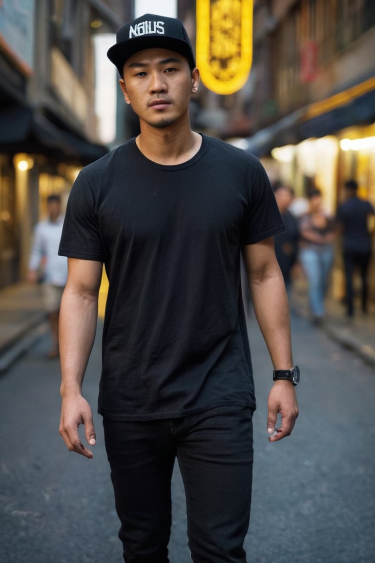 A cinematic portrait of an Indonesian male musician in his late 38s, balding 0,02mm hairstyle, with black eyes. He wears an ordinary black snapback hat with "KING" in gothic font on it and a watch on his wrist, dressed in a casual black T-shirt paired with black jeans and black boots. Amidst the vibrant, bustling streets, where intricate details reveal poetry-filled background elements. The subject exudes relaxed naturalism, eyes blinking softly, breathing subtly, as he moves organically in front of varied bustling street scenes.

Framed in a normal shot with cinematic flair, the camera rotates at an angle while keeping him centered. Capture this scene in ultra-realistic HD, highlighting detailed photorealistic elements, photorealistic settings, and cinematic lighting with film grain and depth of field. Show his calm, loving attitude and expression, with vivid super realism.

Photography shot with a Canon EOS 5D Mark IV, 50mm lens in vivid realistic sync hyper-realistic, this cinematic masterpiece features Unreal Engine 5, 8K ultra detail and realism, Ultra-HDR, photorealistic settings, and cinematic lighting with film grain and depth of field. --ar 16:9 --v 6.

Indonesian handsome male, full of dramatic calm love attitude and expression, expert in acting, posing, body language, hand-finger language, gestures, expression, pointing, holding anything, and more. Wearing: an ordinary black snapback hat with "KING" in gothic font on it and a watch on his wrist, dressed in a casual black T-shirt paired with black jeans and black boots. Background: varied - amidst the vibrant, bustling streets, where intricate details reveal poetry-filled background elements. All detailed intricately, including the poetry contents.

Character Pose and Action: Human lifelike, breath, blinking eyes, move, acting, posing, real-life-consistent character, real character, real pose, real acting, real life-consistent character. Expert actor, not difficult for varied dynamic poses with the best point of view from various angles.

Camera shot technically: Cinematic normal shot, the movie camera, the camera rotates at a certain angle while keeping the subject centered, creatively to enhance storytelling and visual appeal in cinematography. Visual and Technical Details: Captured in ultra-realistic HD, highlighting detailed, photorealistic elements, photorealistic settings, focused on the best photorealistic. DSLR, analog, epic realism, realism, realismV2, realistic realism, cinematic shot, action shot. Gloom expression, streaked hair, cinematic lighting, film grain, depth of field, real-time and cinematic aesthetic, enchanting figure-realistic photo. Lighting realistic hyperrealism photography, vivid realistic sync, hyper-realistic, cinematic, detailed, hypermaximalist, octane render, Unreal Engine 5. 8K, ultra detail, ultra realism, cinematic-aesthetic, exotic, exotic themes, photorealistic, perfect details, perfect symmetry, hyper realistic, 4K, 3D. High-realistic HD, ultra HD 8K, resolution hyper quality, ultra-high clarity ultra HD, HDR, 16K resolution, high detail ultra HD, picture ultra-high definition, high resolution high definition, ultra-high resolution super clarity.

Additional Attributes: Better photography, real photo/portrait, more detail XL, male, model, concept character, realistic, more detail XL, male, model, concept character, SDXL 1.0, realistic.

intricately:
[Verse]
Wandering the streets tonight
City lights are burning bright
Hat with KING all bold and true
Jeans and boots I'm coming through

[Verse 2]
Concrete jungle stories told
Heartbeats echo through the cold
Black eyes watch the world go 'round
In this starlit city sound

[Chorus]
Walking like the stars above
In the city that I love
Echoes of a thousand dreams
Underneath the neon beams

[Verse 3]
Shadows dancing in the night
Footsteps counted left to right
Hat brim low my gaze is high
Stars beneath the urban sky

[Bridge]
In this town our spirits roam
Every street I call my home
Jeans and boots I'm marching on
Till the night gives way to dawn

[Chorus]
Walking like the stars above
In the city that I love
Echoes of a thousand dreams
Underneath the neon beams,REALISTIC