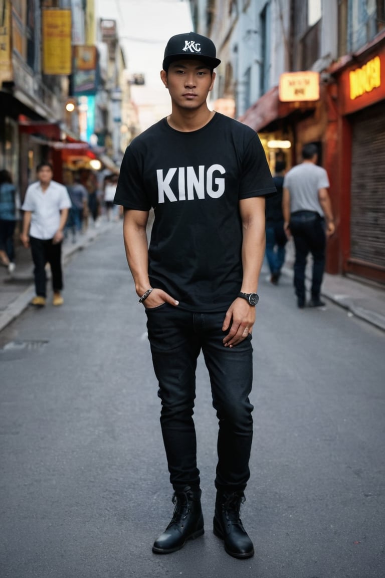 A cinematic portrait of an Indonesian male musician in his late 38s, balding 0,02mm hairstyle, with black eyes. He wears an ordinary black snapback hat with "KING" in gothic font on it and a watch on his wrist, dressed in a casual black T-shirt paired with black jeans and black boots. Amidst the vibrant, bustling streets, where intricate details reveal poetry-filled background elements. The subject exudes relaxed naturalism, eyes blinking softly, breathing subtly, as he moves organically in front of varied bustling street scenes.

Framed in a normal shot with cinematic flair, the camera rotates at an angle while keeping him centered. Capture this scene in ultra-realistic HD, highlighting detailed photorealistic elements, photorealistic settings, and cinematic lighting with film grain and depth of field. Show his calm, loving attitude and expression, with vivid super realism.

Photography shot with a Canon EOS 5D Mark IV, 50mm lens in vivid realistic sync hyper-realistic, this cinematic masterpiece features Unreal Engine 5, 8K ultra detail and realism, Ultra-HDR, photorealistic settings, and cinematic lighting with film grain and depth of field. --ar 16:9 --v 6.

Indonesian handsome male, full of dramatic calm love attitude and expression, expert in acting, posing, body language, hand-finger language, gestures, expression, pointing, holding anything, and more. Wearing: an ordinary black snapback hat with "KING" in gothic font on it and a watch on his wrist, dressed in a casual black T-shirt paired with black jeans and black boots. Background: varied - amidst the vibrant, bustling streets, where intricate details reveal poetry-filled background elements. All detailed intricately, including the poetry contents.

Character Pose and Action: Human lifelike, breath, blinking eyes, move, acting, posing, real-life-consistent character, real character, real pose, real acting, real life-consistent character. Expert actor, not difficult for varied dynamic poses with the best point of view from various angles.

Camera shot technically: Cinematic normal shot, the movie camera, the camera rotates at a certain angle while keeping the subject centered, creatively to enhance storytelling and visual appeal in cinematography. Visual and Technical Details: Captured in ultra-realistic HD, highlighting detailed, photorealistic elements, photorealistic settings, focused on the best photorealistic. DSLR, analog, epic realism, realism, realismV2, realistic realism, cinematic shot, action shot. Gloom expression, streaked hair, cinematic lighting, film grain, depth of field, real-time and cinematic aesthetic, enchanting figure-realistic photo. Lighting realistic hyperrealism photography, vivid realistic sync, hyper-realistic, cinematic, detailed, hypermaximalist, octane render, Unreal Engine 5. 8K, ultra detail, ultra realism, cinematic-aesthetic, exotic, exotic themes, photorealistic, perfect details, perfect symmetry, hyper realistic, 4K, 3D. High-realistic HD, ultra HD 8K, resolution hyper quality, ultra-high clarity ultra HD, HDR, 16K resolution, high detail ultra HD, picture ultra-high definition, high resolution high definition, ultra-high resolution super clarity.

Additional Attributes: Better photography, real photo/portrait, more detail XL, male, model, concept character, realistic, more detail XL, male, model, concept character, SDXL 1.0, realistic.

intricately:
[Verse]
Wandering the streets tonight
City lights are burning bright
Hat with KING all bold and true
Jeans and boots I'm coming through

[Verse 2]
Concrete jungle stories told
Heartbeats echo through the cold
Black eyes watch the world go 'round
In this starlit city sound

[Chorus]
Walking like the stars above
In the city that I love
Echoes of a thousand dreams
Underneath the neon beams

[Verse 3]
Shadows dancing in the night
Footsteps counted left to right
Hat brim low my gaze is high
Stars beneath the urban sky

[Bridge]
In this town our spirits roam
Every street I call my home
Jeans and boots I'm marching on
Till the night gives way to dawn

[Chorus]
Walking like the stars above
In the city that I love
Echoes of a thousand dreams
Underneath the neon beams,REALISTIC