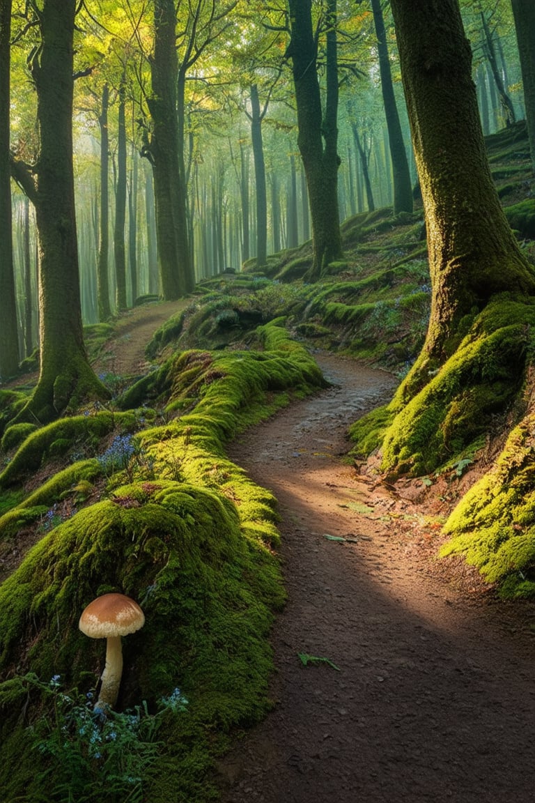 A winding path through an enchanted forest, with tall, moss-covered trees. Small details like wildflowers and mushrooms are visible along the path. Sunlight softly filters through the tree canopies, creating a magical illumination. The colors are desaturated and the contrast is low, enhancing the beauty and serenity of the scene.
