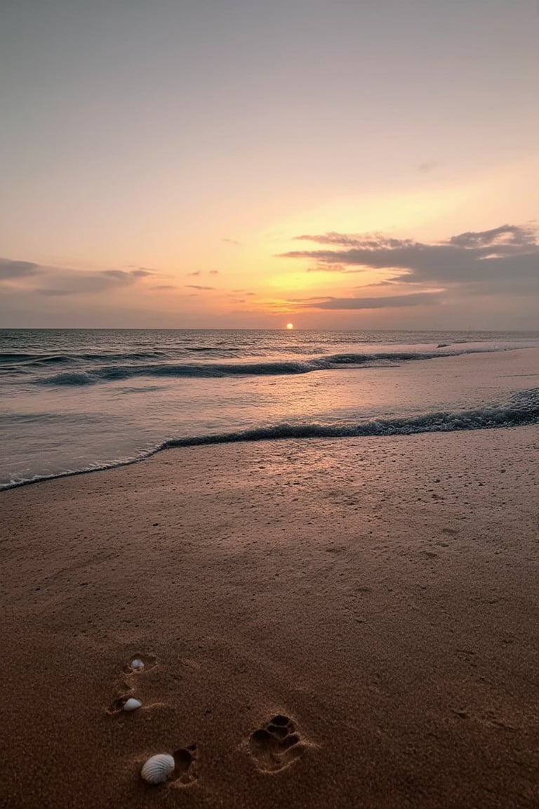 A tranquil beach at sunset, with the sky tinted in golden and orange hues. Waves gently crash on the sand, and small details like shells and footprints are visible. The lighting is soft, with desaturated colors and low contrast, creating a serene and relaxing atmosphere.