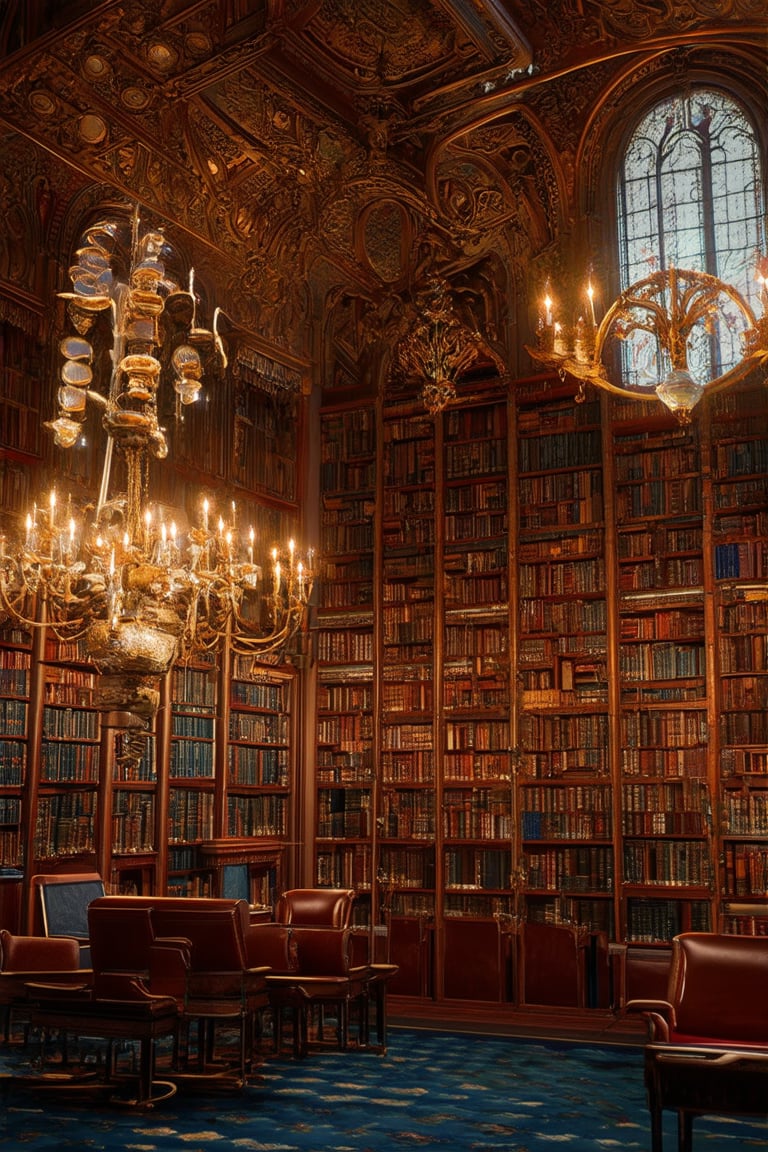 An ancient library with towering bookshelves, illuminated by antique chandeliers, (intricate architectural details, warm lighting, high resolution, 8k, photorealistic, cinematic atmosphere, ultra-detailed, professional photography quality)
