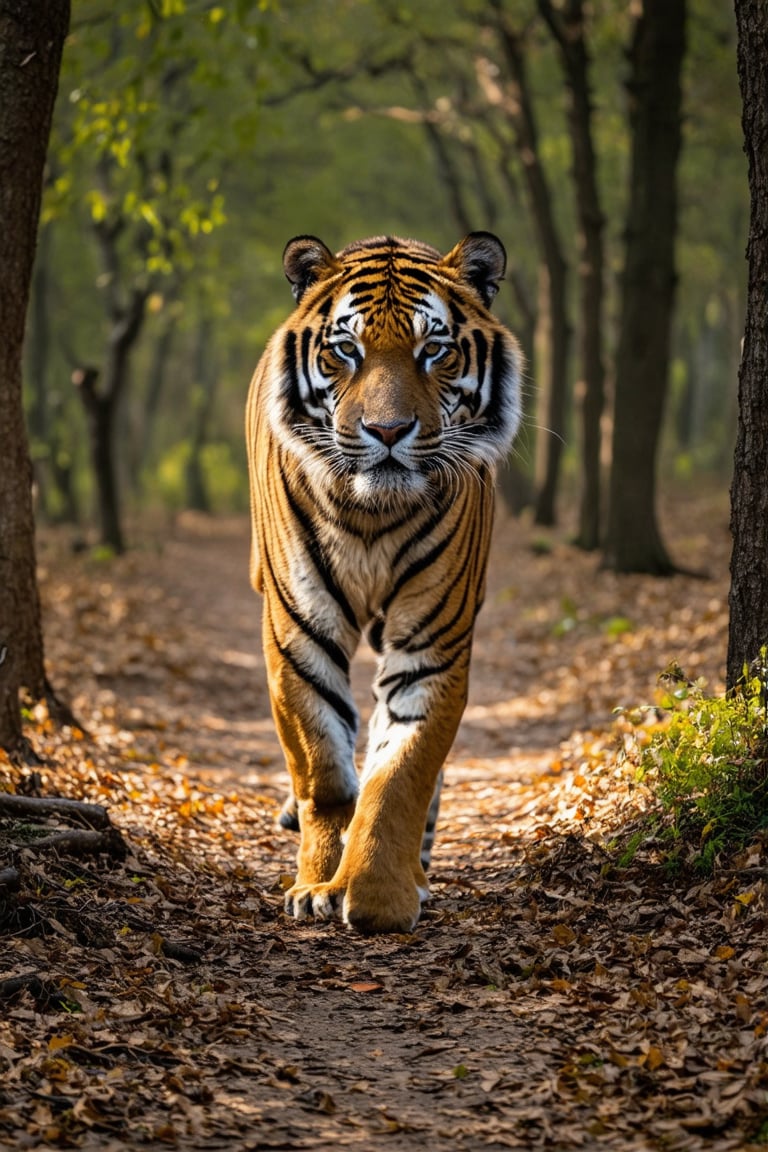 A majestic tiger walking silently through a dense forest, with sunlight filtering through the tree canopies. The forest floor is covered in dry leaves, and the soft sound of the wind can be heard. The tiger has detailed fur with distinct markings and watchful eyes. The surrounding trees are tall and sturdy, creating a green canopy above. The scene has desaturated colors and low contrast, enhancing the serenity and natural details of the habitat.