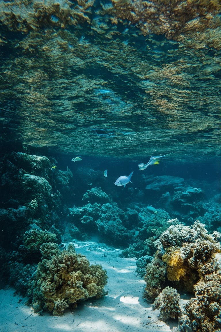 Ancient underwater ruins in crystal clear waters, illuminated by sun rays penetrating the surface. The structures are covered with colorful corals and algae, with fish swimming around. Small details like worn sculptures and broken mosaics are visible on the ruins' walls. The sunlight creates dancing reflections on the sandy bottom, and the scene is tranquil, with desaturated colors and low contrast, highlighting the natural beauty of the underwater environment.