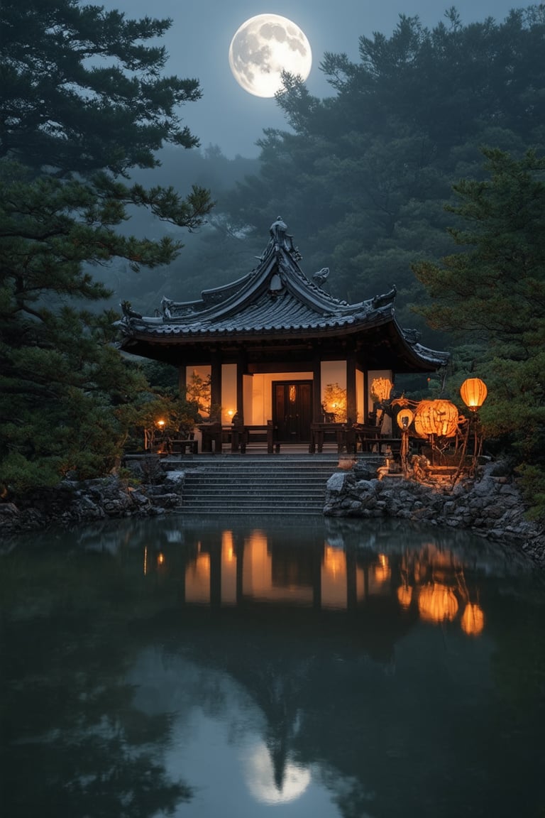 A mystical ancient Japanese temple illuminated by natural moonlight, surrounded by dense fog covering the ground. The temple has curved roofs intricately decorated with dragon sculptures at the entrances. Soft, diffused light emits from paper lanterns hanging around the temple. The surrounding vegetation is lush and dense, with tall trees gently swaying in the wind. Soft reflections of the moon are visible on a nearby small lake. The scene is serene and calm, with softly desaturated colors and low contrast, highlighting the architectural details and the textures of aged stone and wood.
