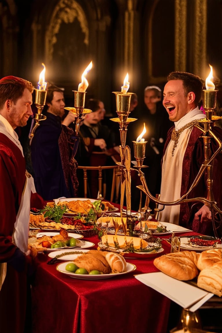 A grand medieval banquet in a hall lit by torches and candelabras. The tables are laden with rich and decorated dishes, with visible details like fruits, roasted meats, and breads. Guests are dressed in medieval attire, laughing and conversing. The lighting is warm and diffused, with desaturated colors and low contrast, highlighting the opulence and festive atmosphere.