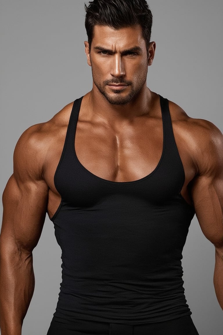 A portrait of a strong, muscular man with a serious and determined expression. His skin is tanned and well-defined, with visible veins on his arms and neck. He has intense dark brown eyes full of focus and determination. He sports a short, well-groomed beard that highlights his strong jawline. His short, slightly tousled dark brown hair adds a natural touch. He wears a tight-fitting dark-colored shirt that highlights his defined muscles. The lighting is dramatic, with soft shadows that accentuate the musculature and skin details. The colors are desaturated and the contrast is low, creating an atmosphere of strength and determination.
