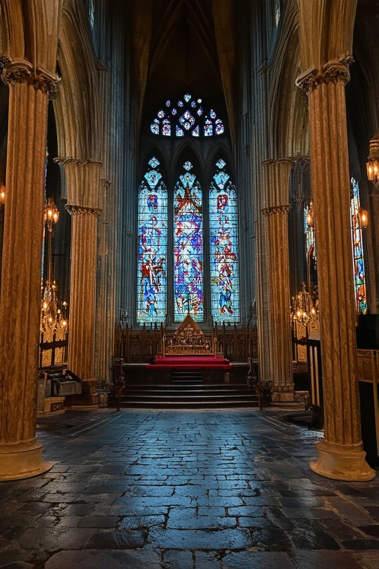 The interior of a Gothic cathedral, with colorful stained glass windows casting soft lights on the stone floor. The details of the carved columns and altars are visible, creating an atmosphere of reverence and tranquility. The colors are softly desaturated and the contrast is low, highlighting the grandeur of the setting.