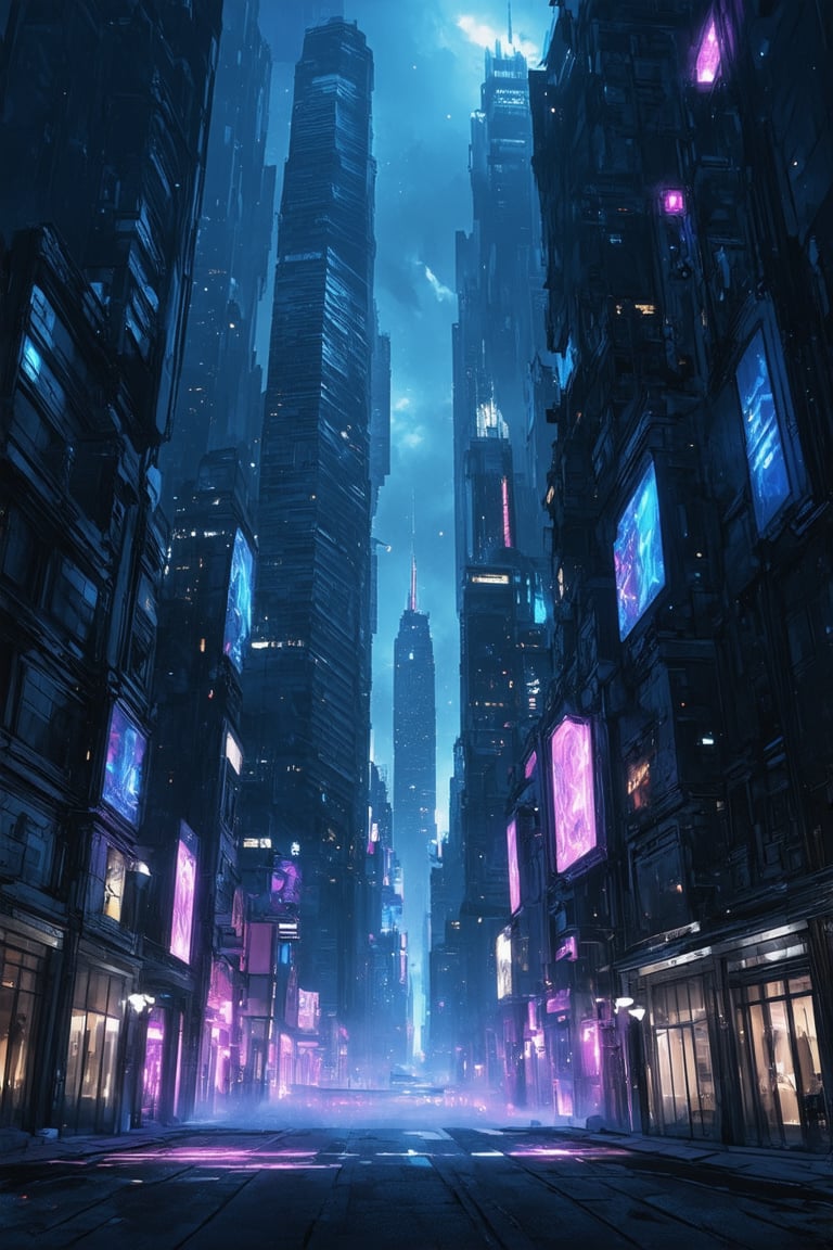 A futuristic metropolis filled with tall skyscrapers softly illuminated by neon lights. The buildings' architecture is modern, with glass surfaces reflecting the starlight and drones flying around. The streets below are covered in a light fog, with small details like glowing signs and holographic panels enriching the scene. The colors are desaturated, with predominant tones of blue and purple, and the contrast is low, giving a sense of nighttime tranquility.
