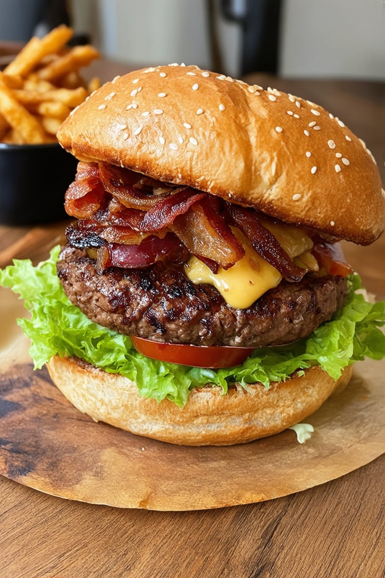 A gourmet hamburger set on a rustic wooden table. The burger is made with a perfectly grilled, juicy beef patty topped with melted gourmet cheese, crispy bacon, fresh lettuce, ripe tomatoes, and caramelized onions. It is placed in a toasted artisanal bun with sesame seeds. The burger is accompanied by a side of golden, crispy fries and a small bowl of dipping sauce. The scene is complemented by a warm, inviting light that highlights the textures and colors of the ingredients, giving it an appetizing and elegant look. 