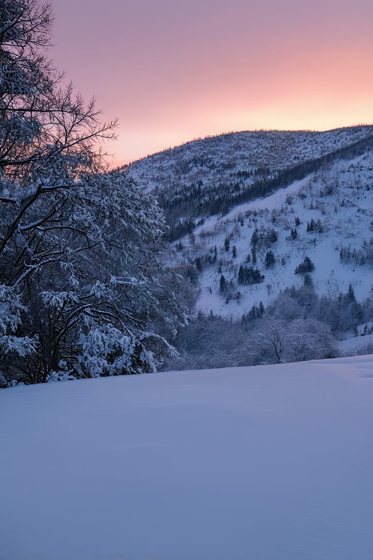 A snow-covered mountain at dawn, with the sky tinted in pink and orange hues. The trees are covered in snow, and the soft sunlight creates long, gentle shadows. The setting is peaceful, with the soft sound of the wind and snow underfoot. The colors are desaturated and the contrast is low, highlighting the serenity of the environment.
