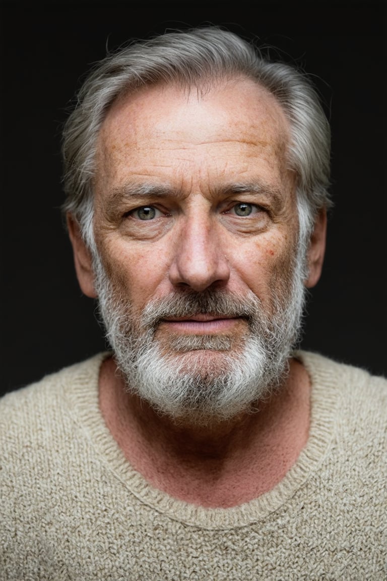 A portrait of an elderly man with time-worn features. His skin is wrinkled with age spots, deep lines around his eyes and mouth. He has clear, expressive eyes that convey wisdom and life experiences. He sports a well-groomed white beard and neatly combed gray hair. He is dressed in a simple shirt and a wool sweater, adding texture to the portrait. The lighting is soft and natural, highlighting the details of his skin and beard, while the colors are desaturated and the contrast is low, creating a calm and introspective atmosphere.