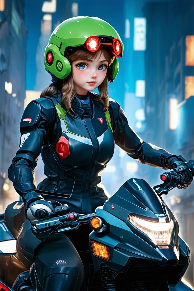 Highest image quality, outstanding details, ultra-high resolution, (realism: 1.4), the best illustration, favor details, highly condensed 1girl, with a delicate and beautiful face, dressed in a black and green mecha, wearing a mecha helmet, holding a directional controller, riding on a motorcycle, the background is a high-tech lighting scene of the future city.