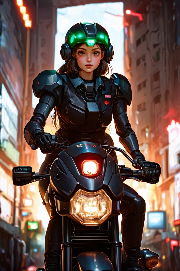 Highest image quality, outstanding details, ultra-high resolution, (realism: 1.4), the best illustration, favor details, highly condensed 1girl, with a delicate and beautiful face, dressed in a black and green mecha, wearing a mecha helmet, holding a directional controller, riding on a motorcycle, the background is a high-tech lighting scene of the future city.