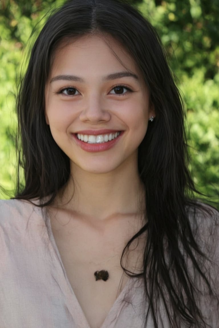 A stunning young woman with long, dark hair framing her heartwarming smile. Navel show, Her piercing black eyes sparkle as she gazes directly at the viewer, exuding a sense of confidence and joy. A small mole beneath her lips adds to her endearing features. She wears a casual shirt, relaxed in an outdoor setting where greenery surrounds her. The warm sunlight casts a gentle glow on her features, accentuating her radiant grin.