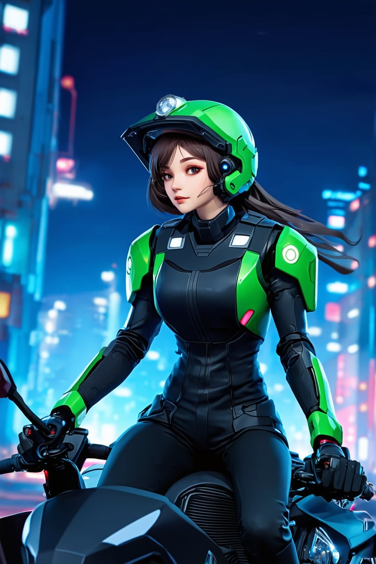 Highest image quality, outstanding details, ultra-high resolution, (realism: 1.4), the best illustration, favor details, highly condensed 1girl, with a delicate and beautiful face, dressed in a black and green mecha, wearing a mecha helmet, holding a directional controller, riding on a motorcycle, the background is a high-tech lighting scene of the future city.