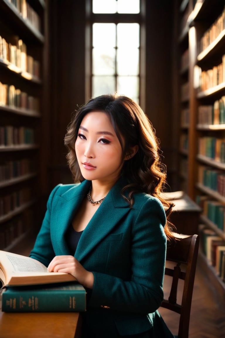 HQ photography, closeup portrait, sharp focus, bokeh background, high contrast, In a serene, cinematic setting, a lovely, young woman, reminiscent of Angeline, sits in an antique university library, looking at the book, Degas-like attention to detail captures every curl and curve of her body. In the background, an antique library full of books and ladders is bathed by the afternoon sun rays, creating a sense of depth and atmosphere. The overall effect is stunning, with cinematic flair, masterpiece, shines brightly on ArtStation, trending for all to admire.,dark academia outfit, brown teal color palette, Rembrandt Lighting Style,darkacademia,photorealistic,tweed blazer, collar shirt, beret,Kodak Motion Picture Film Style,Emiri Momota