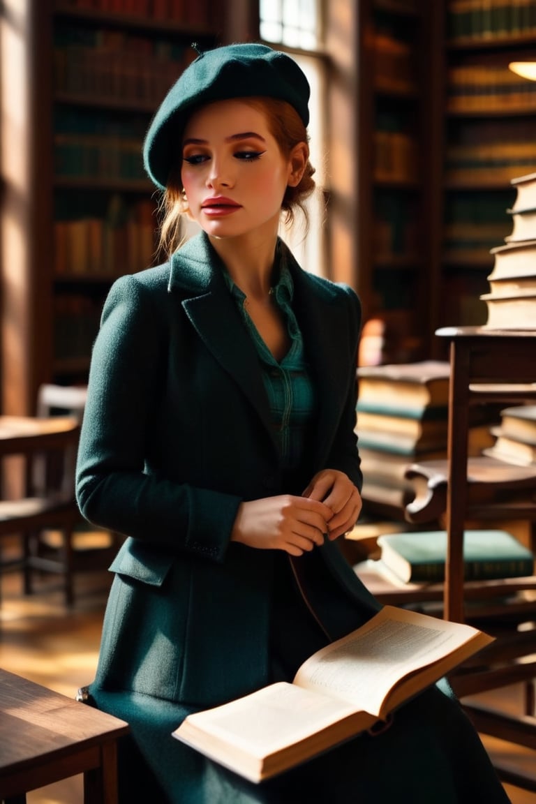 HQ photography, closeup portrait, sharp focus, bokeh background, high contrast, In a serene, cinematic setting, a lovely, young woman, reminiscent of Angeline, sits in an antique university library, looking at the book, Degas-like attention to detail captures every curl and curve of her body. In the background, an antique library full of books and ladders is bathed by the afternoon sun rays, creating a sense of depth and atmosphere. The overall effect is stunning, with cinematic flair, masterpiece, shines brightly on ArtStation, trending for all to admire.,dark academia outfit, brown teal color palette, Rembrandt Lighting Style,darkacademia,photorealistic,tweed blazer, collar shirt, beret,Kodak Motion Picture Film Style,mxpetsch,Madeline Petsch