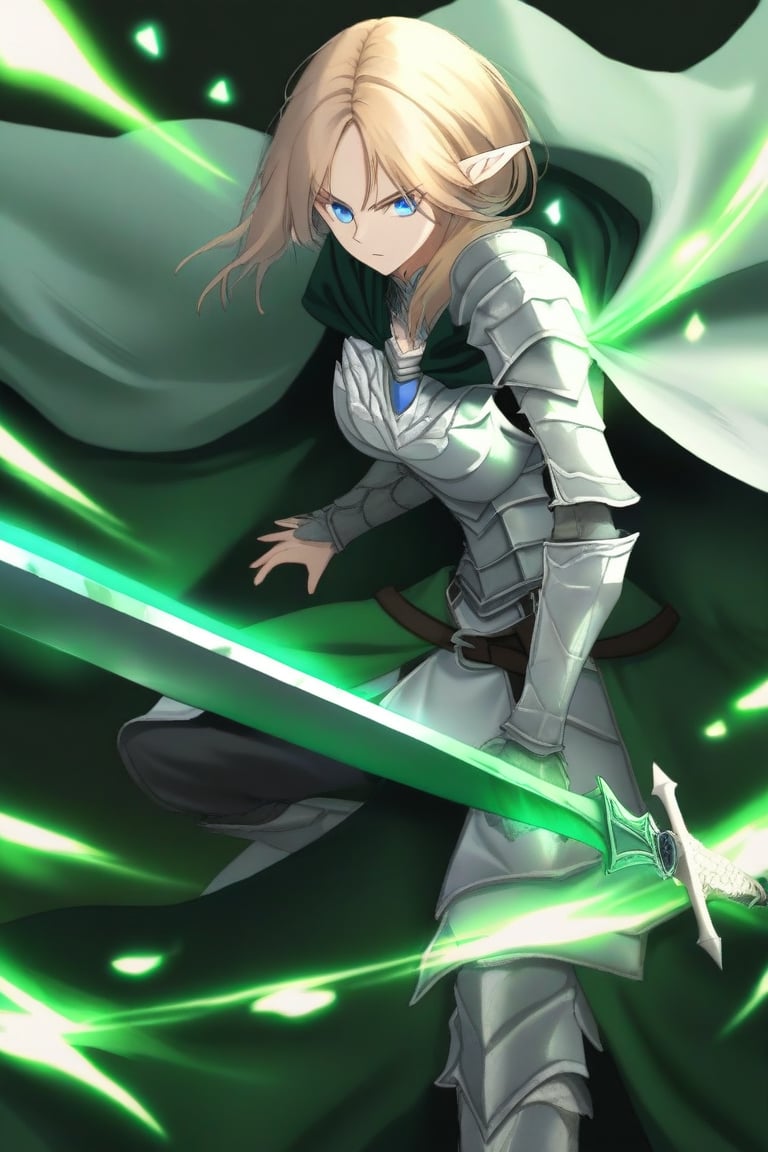 elf,woman,knight,white scales full armor,white scales armor boots,medieval long sword,dark blonde,Blue eyes,cape, magic green light around sword, serious