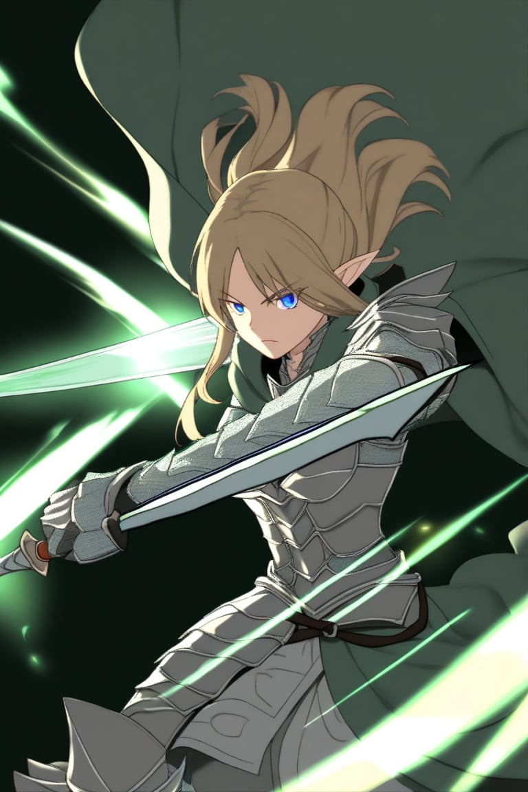 elf,woman,knight,white scales full armor,white scales armor boots,medieval long sword,dark blonde,Blue eyes,cape, magic green light around sword, serious