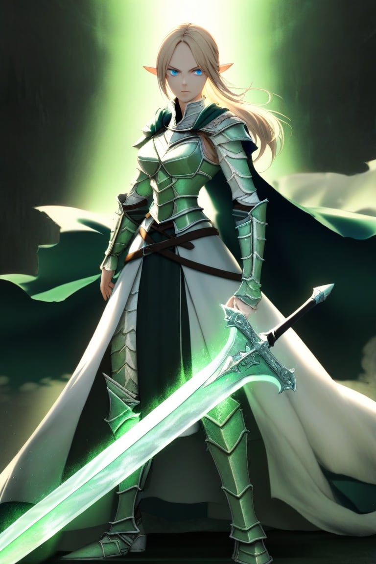 elf,woman,knight,white scales full armor,white scales armor boots,medieval long sword,dark blonde,Blue eyes,cape, magic green light around sword, serious