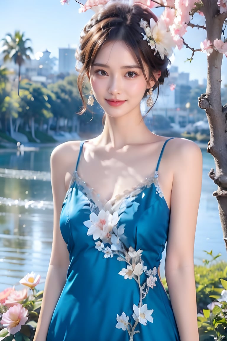 1girl, solo, breasts, looking at viewer, smile, short hair, brown hair, hair ornament, dress, bare shoulders, brown eyes, flower, day, tree, blue dress, realistic, photo background, aqua dress