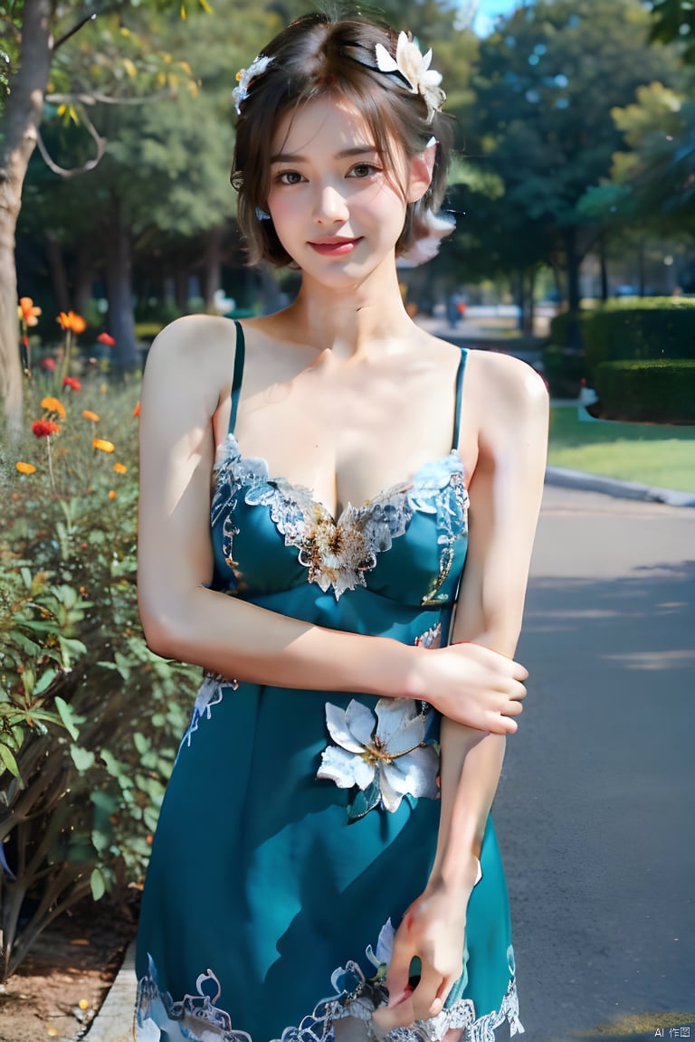 1girl, solo, breasts, looking at viewer, smile, short hair, brown hair, hair ornament, dress, bare shoulders, brown eyes, flower, day, tree, blue dress, realistic, photo background, aqua dress