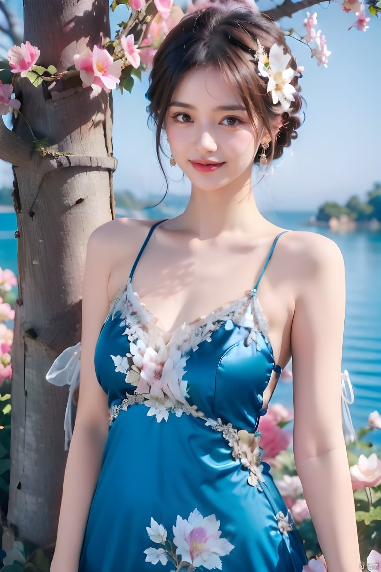 1girl, solo, breasts, looking at viewer, smile, short hair, brown hair, hair ornament, dress, bare shoulders, brown eyes, flower, day, tree, blue dress, realistic, photo background, aqua dress