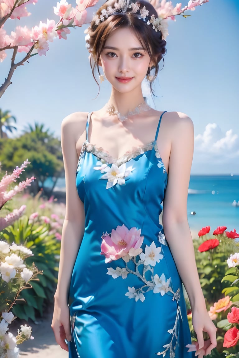 1girl, solo, breasts, looking at viewer, smile, short hair, brown hair, hair ornament, dress, bare shoulders, brown eyes, flower, day, tree, blue dress, realistic, photo background, aqua dress