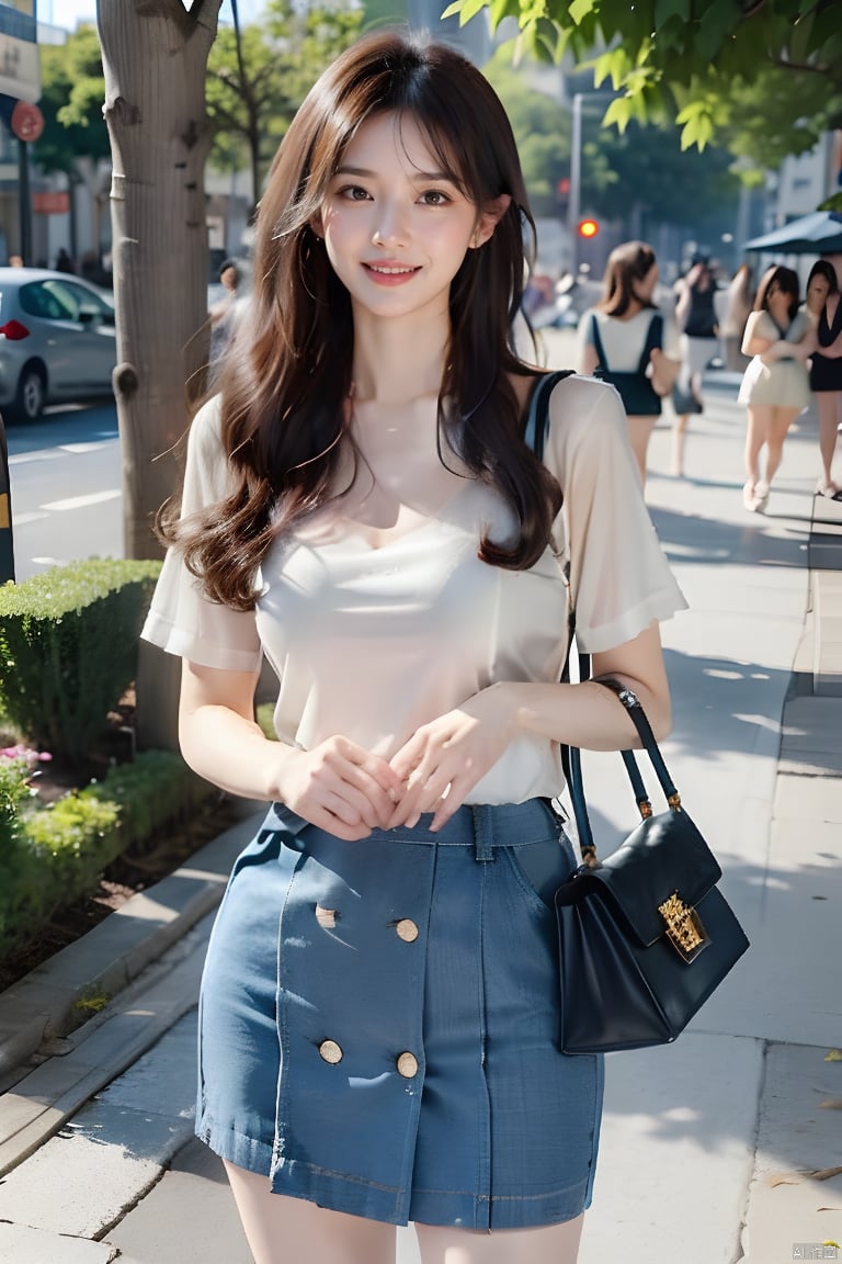 1girl, long hair, looking at viewer, smile, brown hair, holding, brown eyes, outdoors, solo focus, bag, tree, handbag, realistic