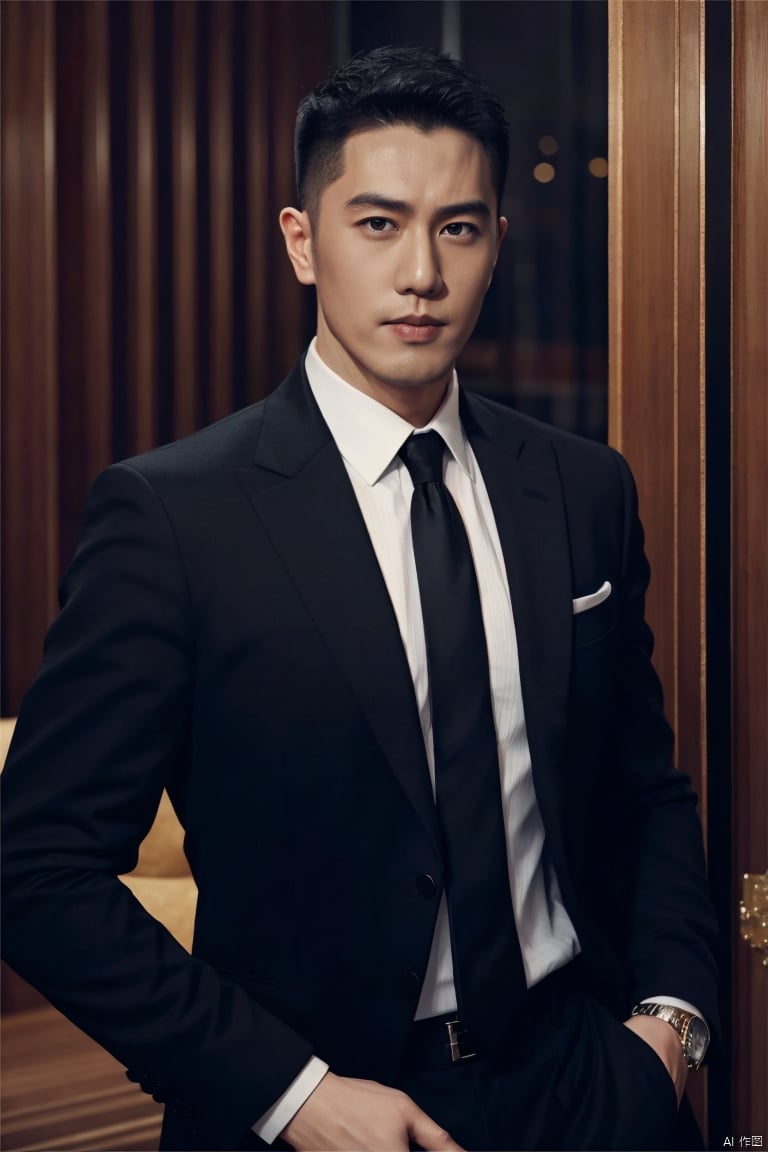 jzns,wjc, 1man, asian,male focus,exquisite facial features,solo,handsome,charming eyes,shirt,black pants, black suit,white necktie, realistic,rainny,masterpiece, realistic, best quality, highly detailed,