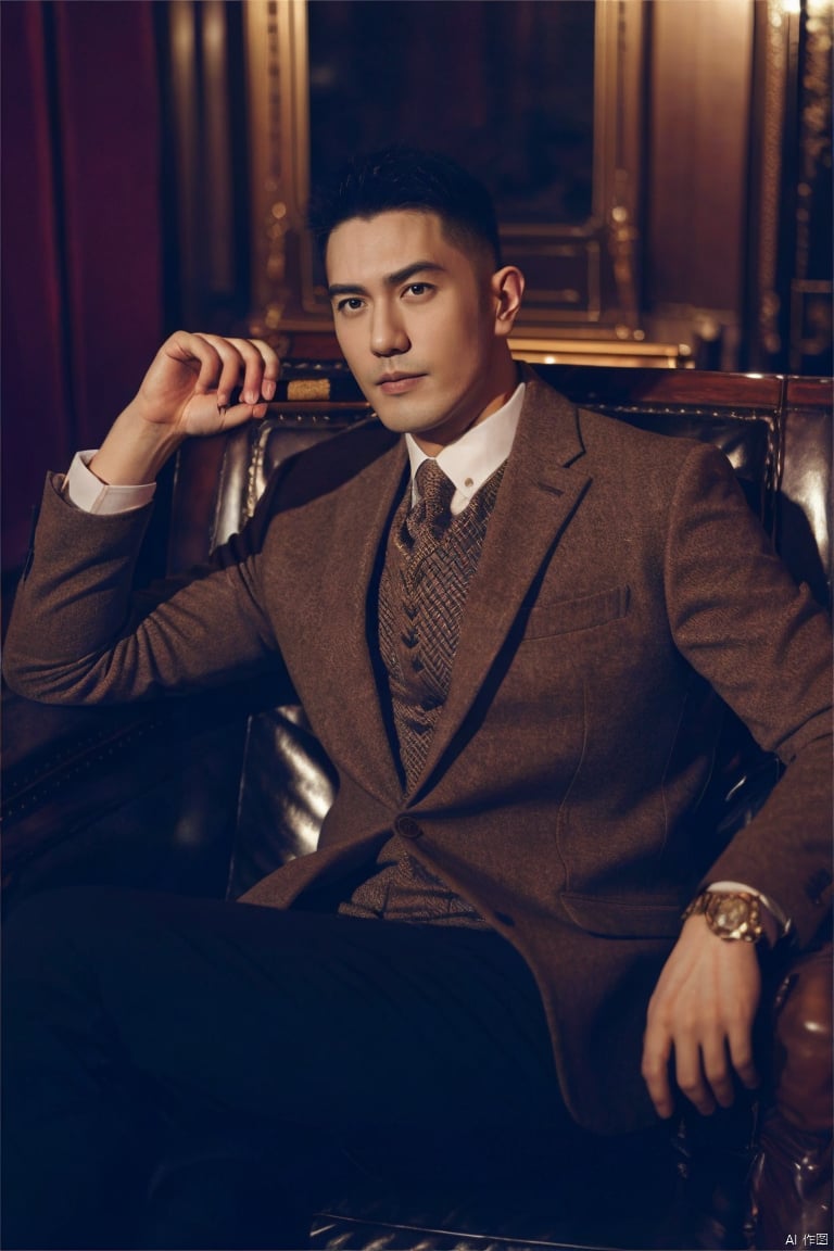 jzns,wjc, 1man, male focus, solo, shirt, watch, black hair, sitting, pants, black pants, looking at viewer, indoors,  brown suit,vest,white collar, brown suit,vest,white shirt,cigar, collared shirt, asian,realistic,exquisite facial features,solo,handsome,charming eyes,masterpiece, realistic, best quality, highly detailed, jznszz