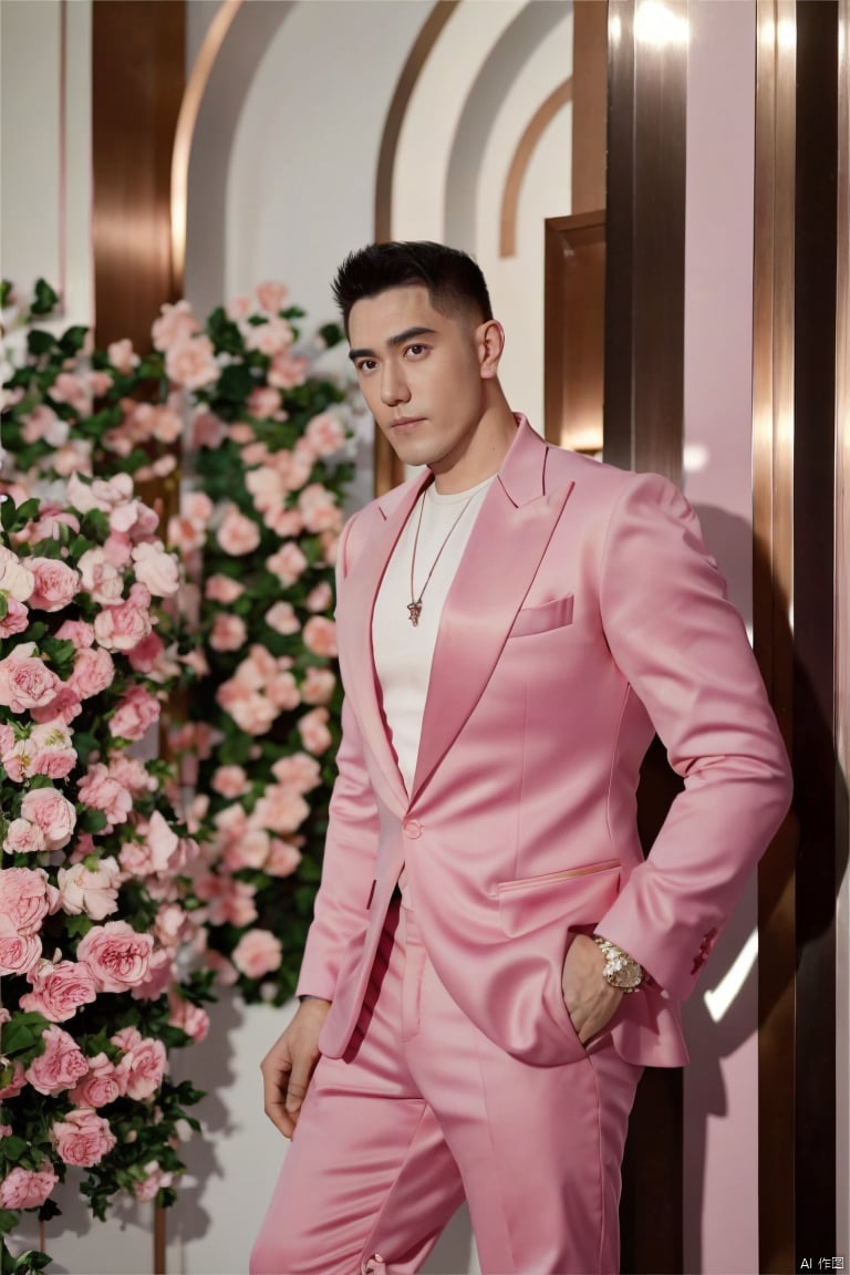 jzns,wjc, 1man, male focus, solo,exquisite facial features,solo,handsome,charming eyes,pink flower, flower, pink suit,pink pants,pink formal,realistic, indoors, blurry,cowboy_shot, masterpiece, realistic, best quality, highly detailed