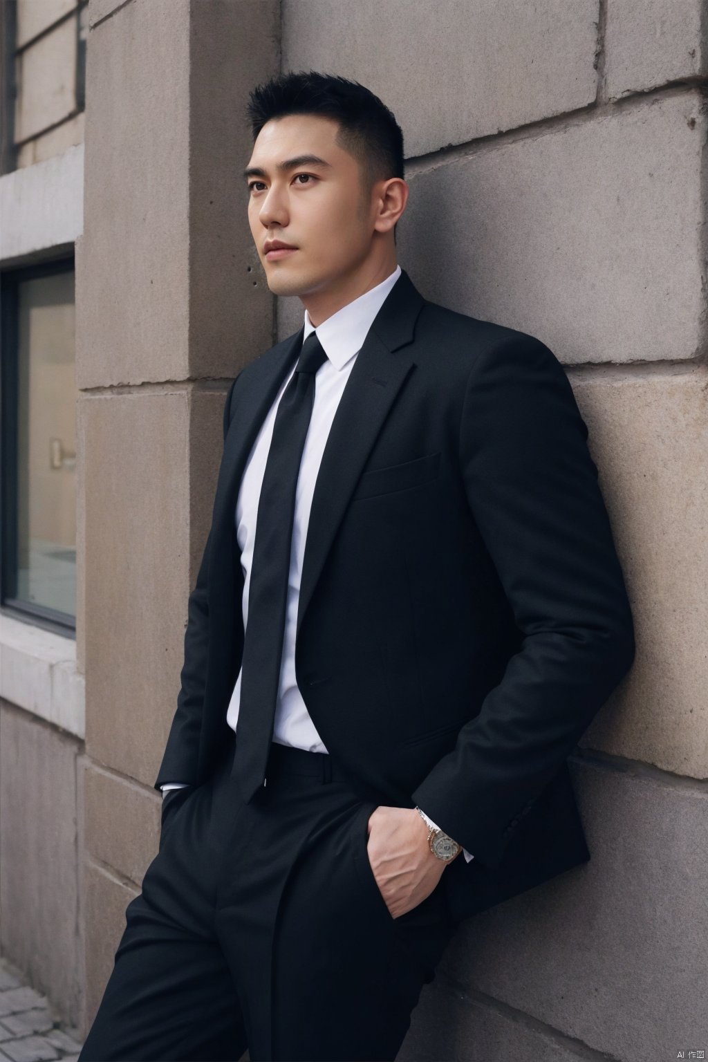 jzns,wjc, 1man, male focus, solo, shirt, black hair, hand in pocket, pants, black pants, realistic, black suit,white necktie, lean against the wall,asian,realistic,exquisite facial features,solo,handsome,charming eyes,masterpiece, realistic, Realism, best quality, highly detailed, 8K Ultra HD, sharp focus, profession,