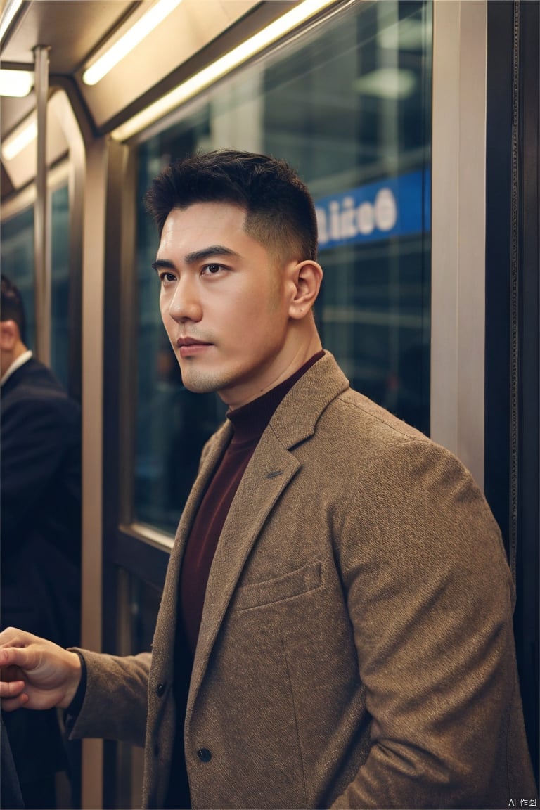 jzns,wjc, 1man, asian,male focus,exquisite facial features,solo,handsome,charming eyes,commuter clothes, realistic,rainny,masterpiece, realistic, best quality, highly detailed, jznszz