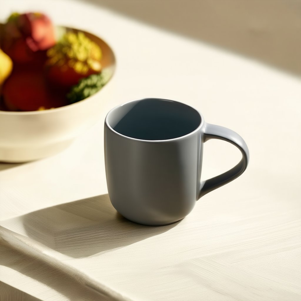 Apologies for the confusion. Create a detailed product illustration of a sleek, modern ceramic cup placed on a clean, wooden table. The image features a front-facing perspective, capturing the cup's elegant curves and matte finish. Soft, natural lighting highlights the cup's texture and material, emphasizing its durability and aesthetic appeal. The composition includes a subtle shadow beneath the cup to give depth, and the background is kept minimal to ensure the cup and table setting are the focal points.