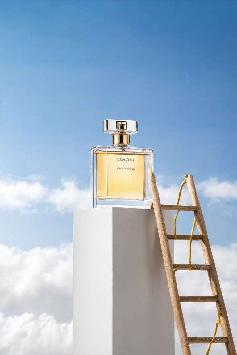 The image depicts a surreal scene where a large, transparent perfume bottle with a golden hue is placed atop a white, rectangular pedestal. The pedestal is positioned amidst a serene backdrop of fluffy white clouds, suggesting an ethereal or dreamlike setting. The sky above is a soft blue, with wispy clouds that add to the dreamy atmosphere. A small, wooden ladder leans against the pedestal, indicating that one might need to climb to reach the perfume bottle. The overall mood of the image is one of tranquility and luxury, with the perfume bottle serving as a focal point of elegance and allure.