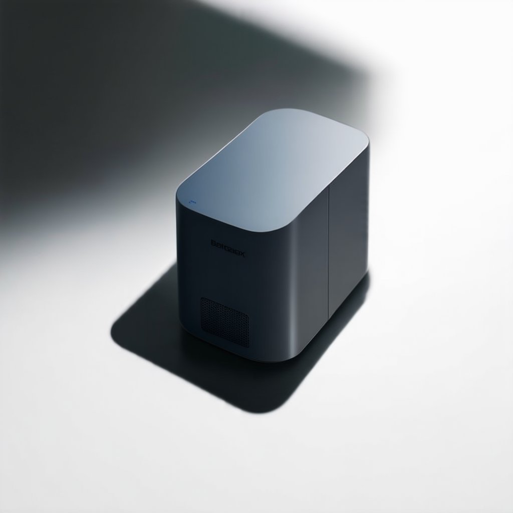 Create a detailed product design illustration, showcasing a sleek, modern gadget with a minimalist aesthetic. The image should feature a top-down view of the device, with precise lines and contours highlighted under soft, even lighting. The composition includes a subtle shadow beneath the product to enhance its three-dimensional appearance. The device is depicted in a neutral, uncluttered environment to focus solely on its design elements.