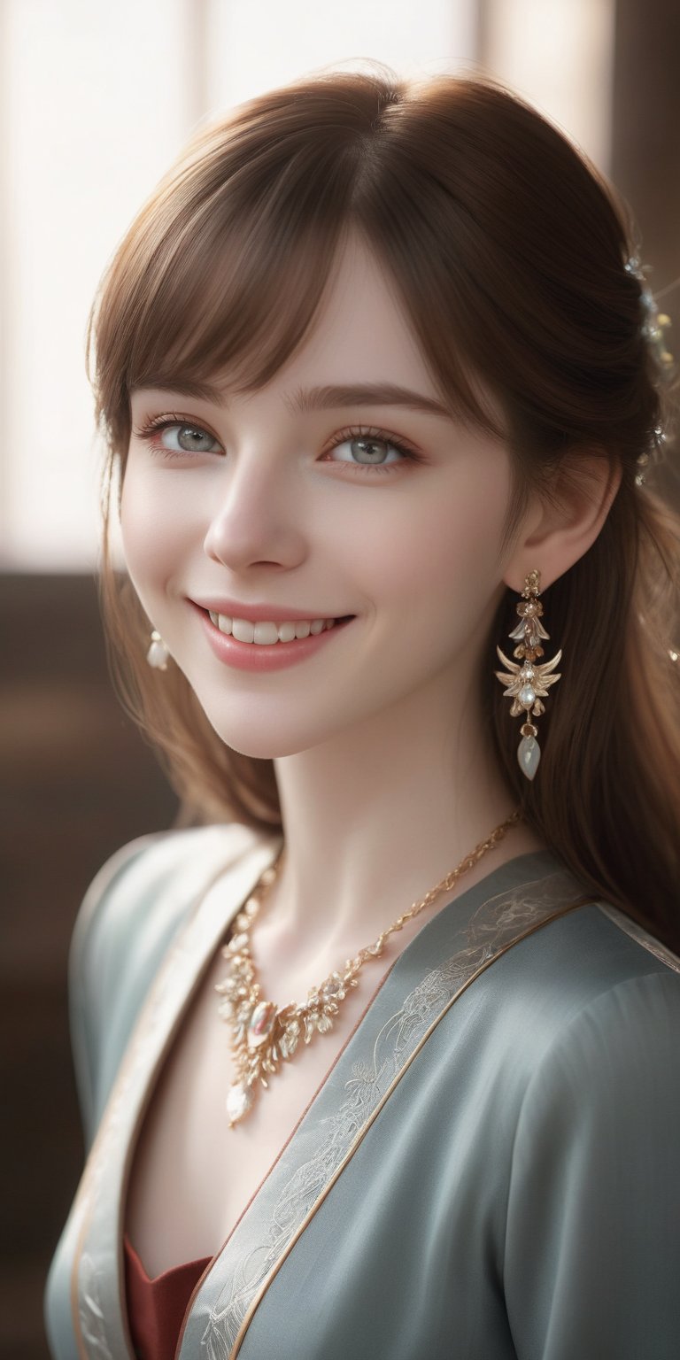 Beautiful, soft light, (beautiful and delicate eyes), very detailed, pale skin, big smile, (long hair), dreamy, medium chest, female 1, ((front shot)), bangs, soft expression, height 170, elegant , Bright smile, 8k art photo, photorealistic concept art, realistic, person, small necklace, small earrings, fantasy, jewelry, shyness, dreamy soft image, masterpiece, ultra high resolution, skirt, shirt, jacket, color , (both eyes (He gently closes his eyes, raises his head slightly, and appears absorbed in pleasant thoughts),dragon