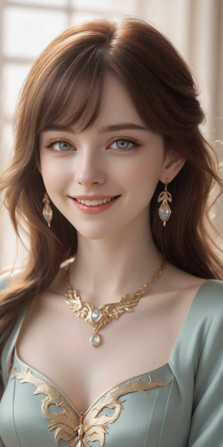 Beautiful, soft light, (beautiful and delicate eyes), very detailed, pale skin, big smile, (long hair), dreamy, medium chest, female 1, ((front shot)), bangs, soft expression, height 170, elegant , Bright smile, 8k art photo, photorealistic concept art, realistic, person, small necklace, small earrings, fantasy, jewelry, shyness, dreamy soft image, masterpiece, ultra high resolution, skirt, shirt, jacket, color , (both eyes (He gently closes his eyes, raises his head slightly, and appears absorbed in pleasant thoughts),dragon